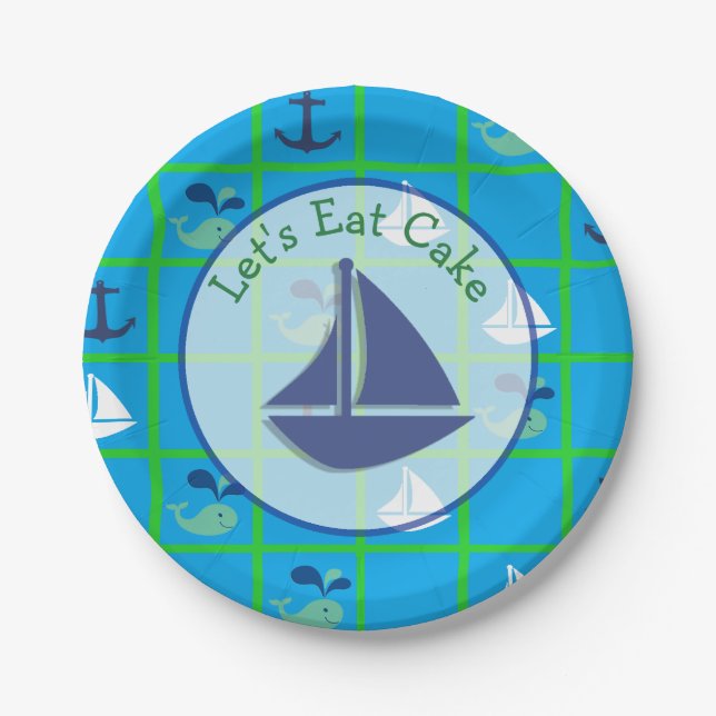 Plato De Papel Ballenas náuticas, veleros, placas verdes azules (Anverso)