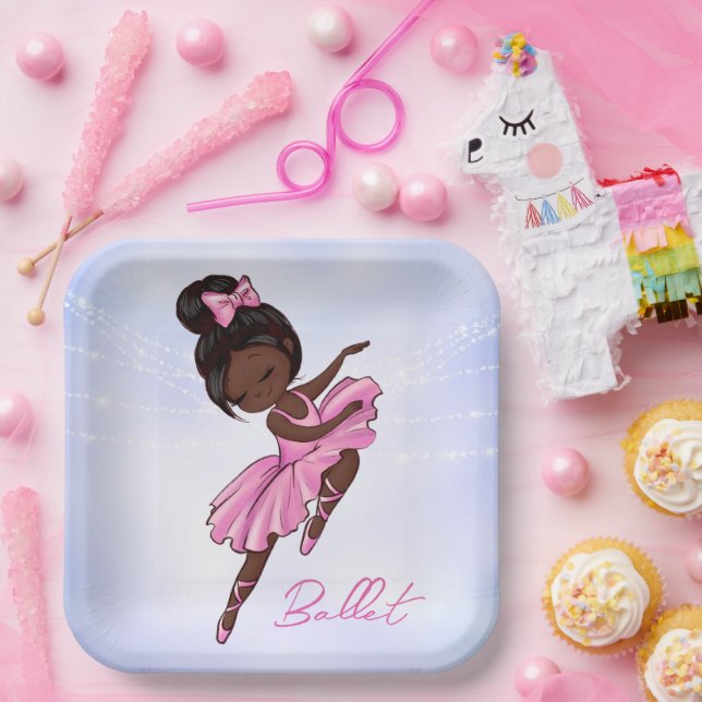 Plato De Papel Ballerina afroamericana rosa, ballet morado (Fiesta)