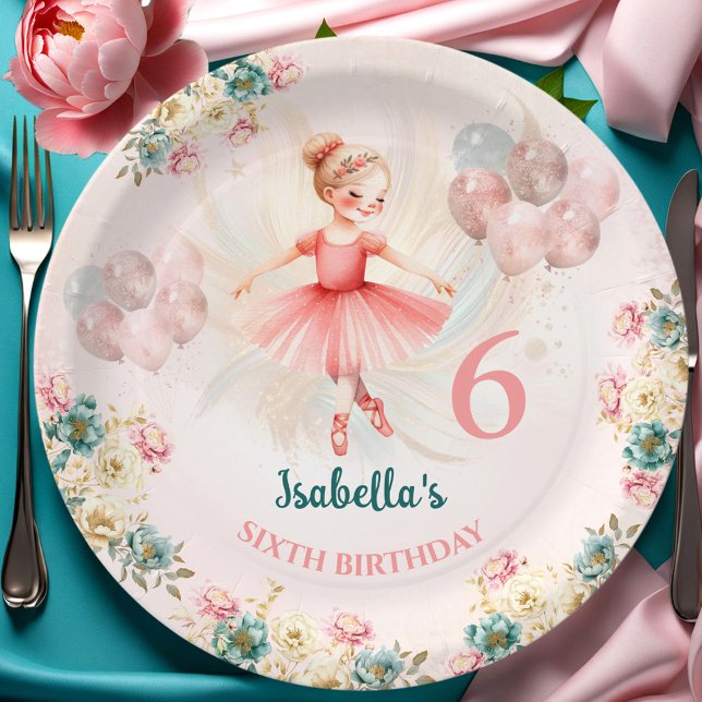 Plato De Papel Ballerina Blond Pink Verde azulada Floral Cumpleañ (Ballerina Blond Pink Teal Floral Birthday Paper Plates)