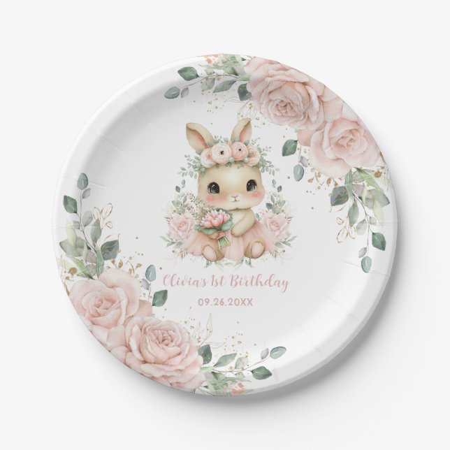 Plato De Papel Ballerina Bunny Rabbit Blush 1st 2nd 5th Birthday (Anverso)