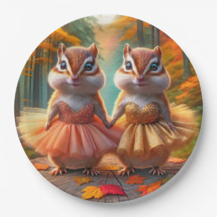 Plato De Papel Ballerina Chipmunks en un árbol de otoño