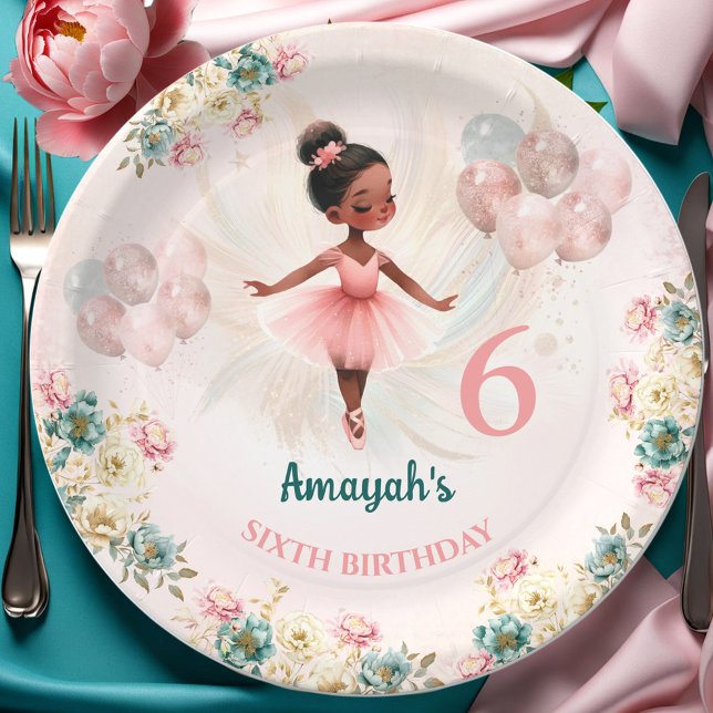 Plato De Papel Ballerina Piel Oscura Pink Verde azulada Floral Cu (Ballerina Dark Skin Pink Teal Floral Birthday Paper Plates)