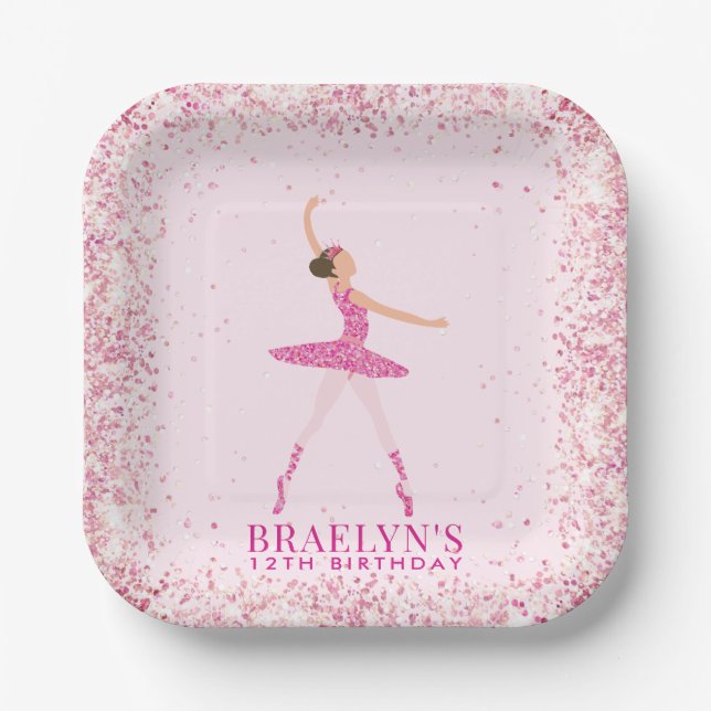 Plato De Papel Ballerina Purpurina Confetti Birthday Design (Anverso)