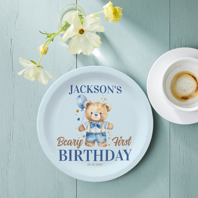 Plato De Papel Balón azul de peluche beary first boys lindo (Beary first boys birthday cute teddy blue balloon personalized tableware printed paper plates)