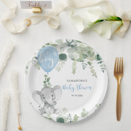 Plato De Papel Balón azul elefante niño bebé ducha vegetación