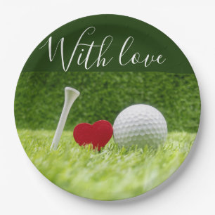Plato De Papel Balón de golf y tee sobre césped verde con amor