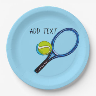 Plato De Papel Balón de tenis y raqueta de fondo azul