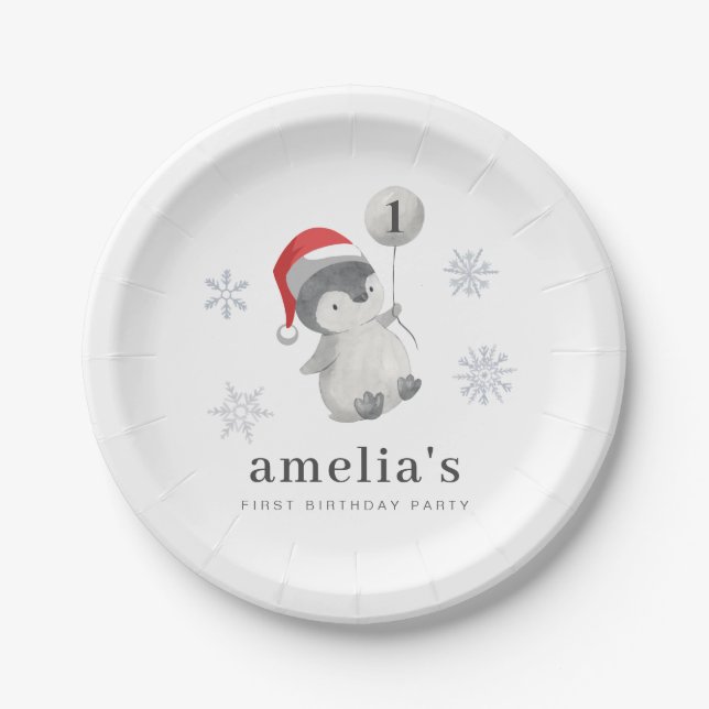 Plato De Papel Balón Pingüino Primer Cumpleaños (Anverso)