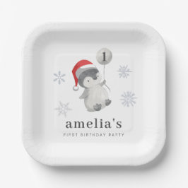 Plato De Papel Balón Pingüino Primer Cumpleaños