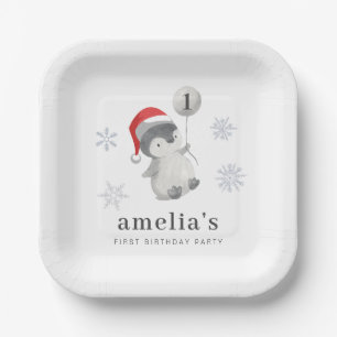 Plato De Papel Balón Pingüino Primer Cumpleaños