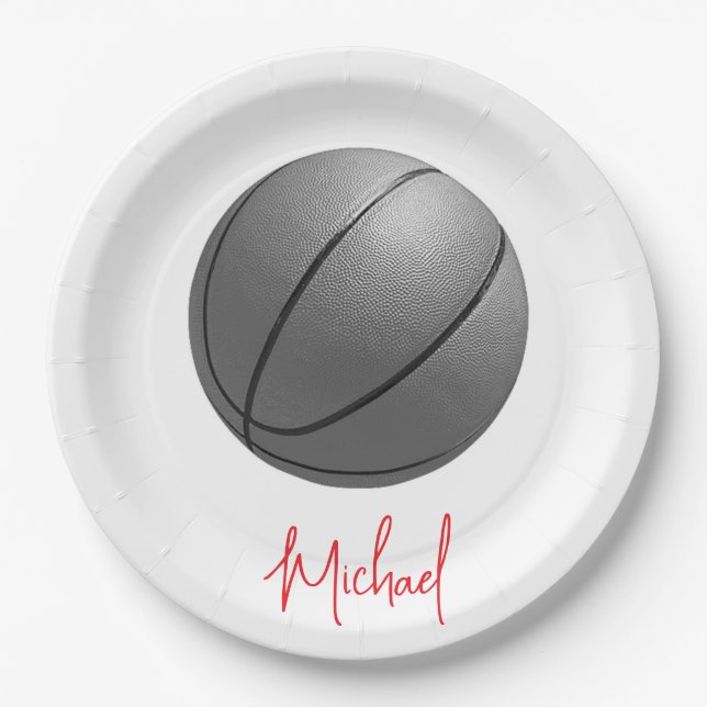 Plato De Papel Baloncesto blanco y negro tu nombre Personalizado (Anverso)