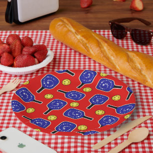 Plato De Papel Baloncesto Blue Paddles Bolas Amarillas 4 de julio