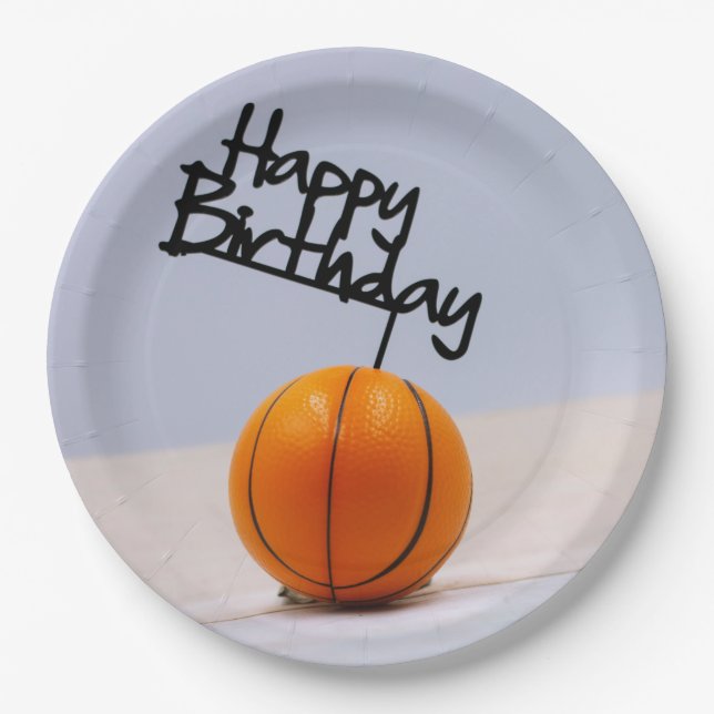 Plato De Papel Baloncesto con feliz cumpleaños de fondo blanco (Anverso)