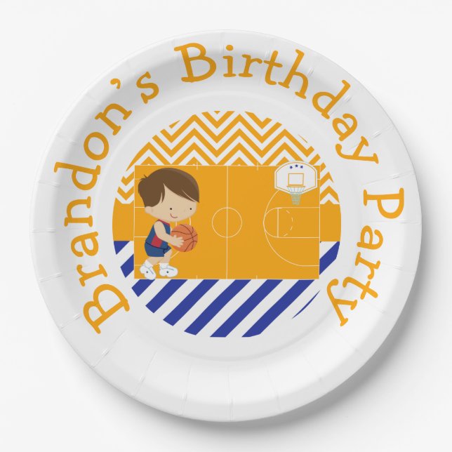 Plato De Papel Baloncesto Cute Brown Hair Boy (Anverso)