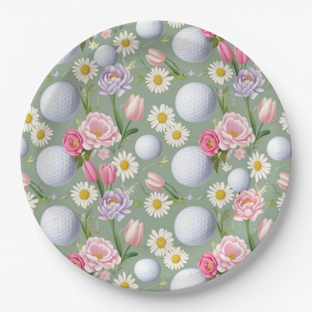 Plato De Papel Baloncesto de golf con flores (Anverso)