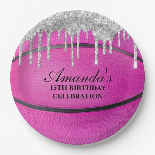 Plato De Papel Baloncesto de goteo plateado rosa (Anverso)