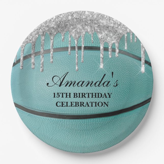 Plato De Papel Baloncesto de goteo plateado verde (Anverso)