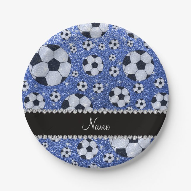Plato De Papel Balones de fútbol azules conocidos personalizados (Anverso)