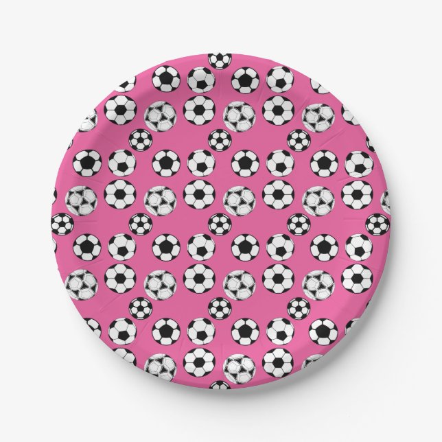 Plato De Papel Balones de fútbol para niños rosados (Anverso)