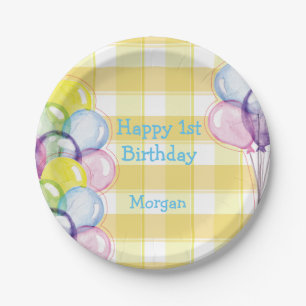 Plato De Papel Balones Yellow Check Cumpleaños Personalizado
