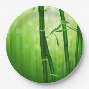 Plato De Papel Bambú Verde Con Luces De Bokeh Pálidas En La Parte