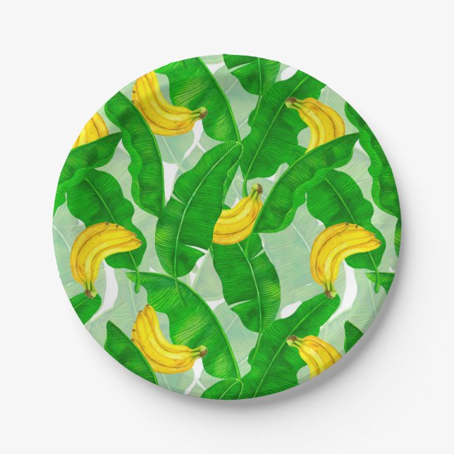 Plato De Papel Bananas y hojas diseño de acuarela (Anverso)
