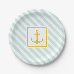 Plato De Papel Banda azul nautical Pastel Anchor dorado