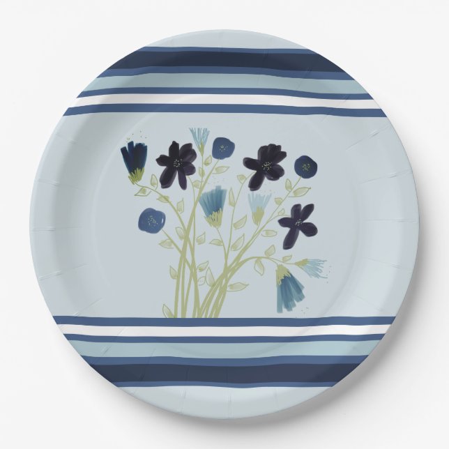 Plato De Papel Banda azul y floral (Anverso)