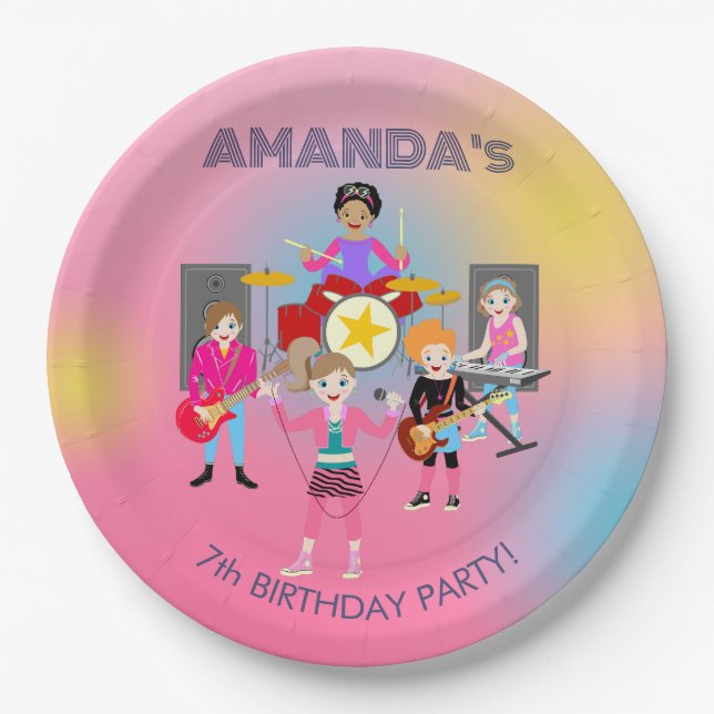 Plato De Papel Banda de chicas de música retro Birthday Party (Anverso)