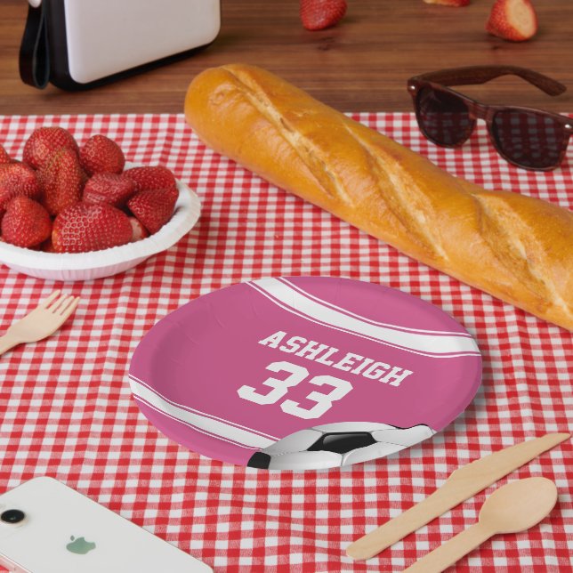 Plato De Papel Banda de fútbol Jersey de franjas rosadas y blanca (Picnic)
