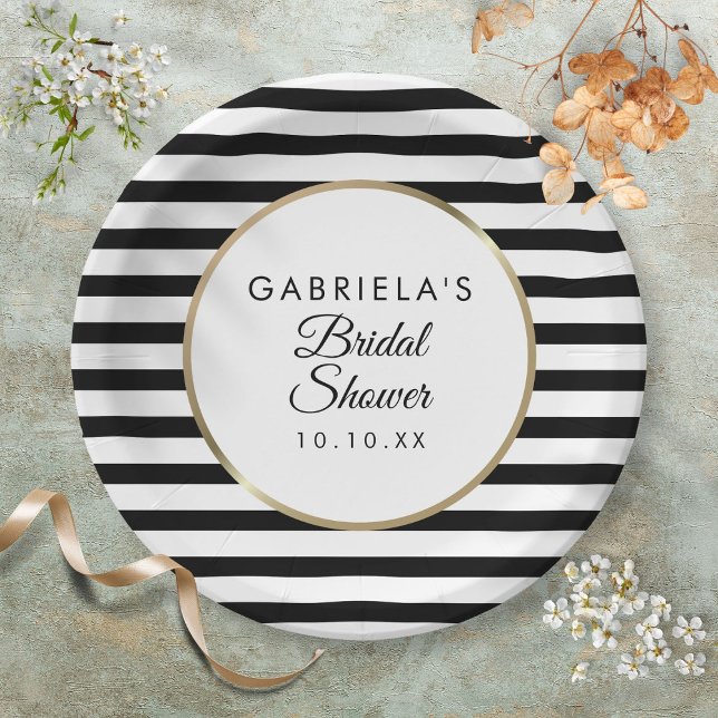 Plato De Papel Banda negra elegante ducha de novia dorada (Black Stripe Elegant Gold Bridal Shower Paper Plates)