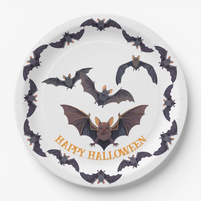 Plato De Papel Bandada de murciélagos espeluznantes de Halloween (Anverso)