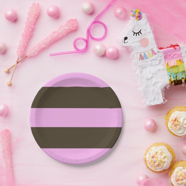 Plato De Papel Bandas anchas rosadas y chocolate marrón de STaylo (Fiesta)