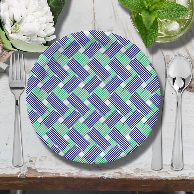 Plato De Papel Bandas azul y verde de la marina (Blue and green diagonal stripes paper plates)