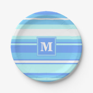 Plato De Papel Bandas azules del cielo monogramo