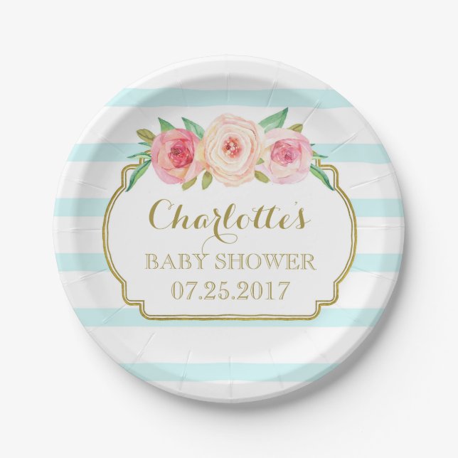Plato De Papel Bandas Azules Doradas Placa Baby Shower Floral Ros (Anverso)