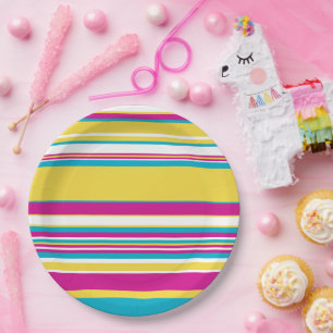 Plato De Papel Bandas complejas: turquesa, amarilla, rosa y blanc