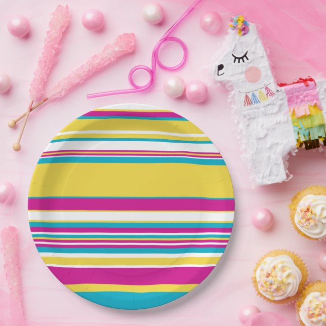 Plato De Papel Bandas complejas: turquesa, amarilla, rosa y blanc (Fiesta)