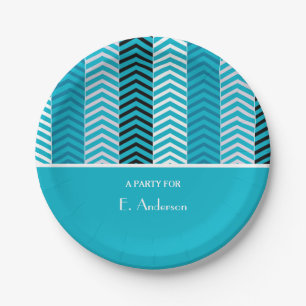 Plato De Papel Bandas De Chevron Turquesa Modernas Con Nombre