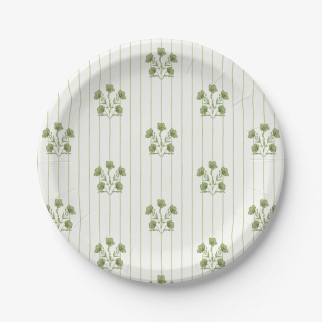Plato De Papel Bandas de flores verdes brillantes (Anverso)