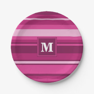 Plato De Papel Bandas de fuchsia de monograma