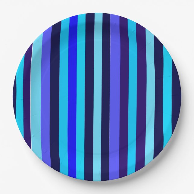 Plato De Papel Bandas de tonos múltiples azules (Anverso)