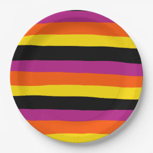 Plato De Papel Bandas desiguales - Negro, rosa, Naranja y amarill