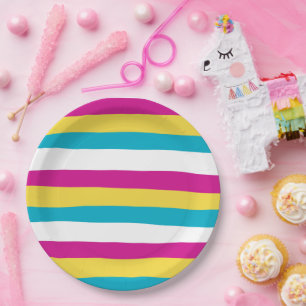 Plato De Papel Bandas desiguales: turquesa, amarilla, rosa y blan