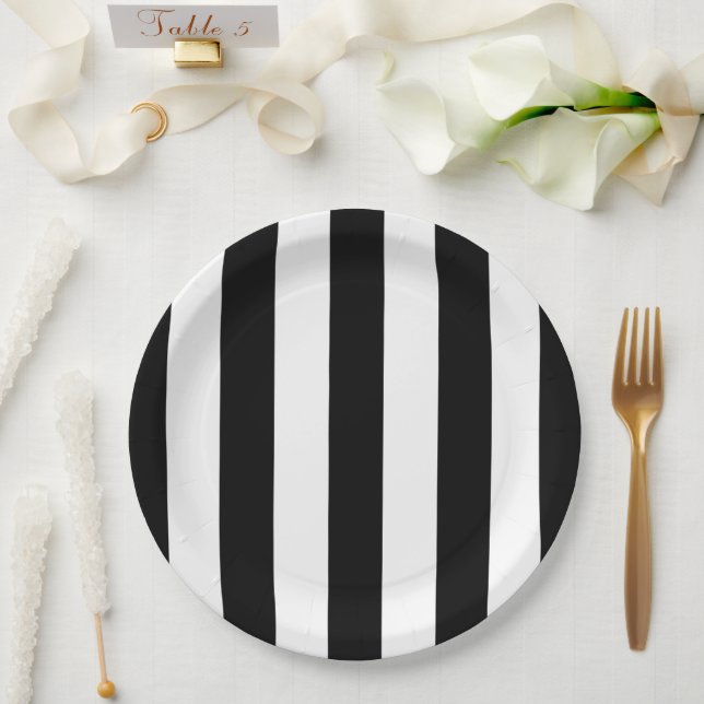 Plato De Papel Bandas en blanco y negro, patrón a rayas, líneas (Boda)