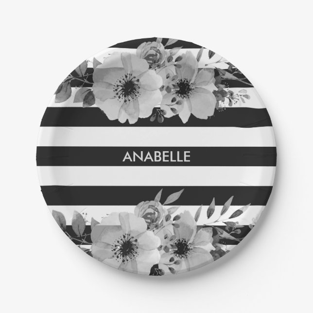 Plato De Papel Bandas florales en blanco y negro (Anverso)