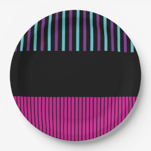 Plato De Papel Bandas pop de color: rosa, púrpura, azul y negro