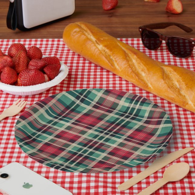 Plato De Papel Bandas rojas de plástico verde crema (Picnic)
