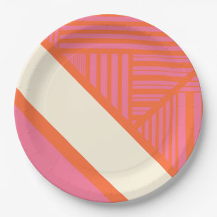 Plato De Papel Bandas triangulares en rosa, Naranja y crema