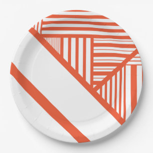 Plato De Papel Bandas triangulares - Naranja y blanco